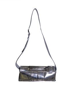 Woven Crossword Shoulder Bag, Perforated, Leather, Silver,  M, AK83814